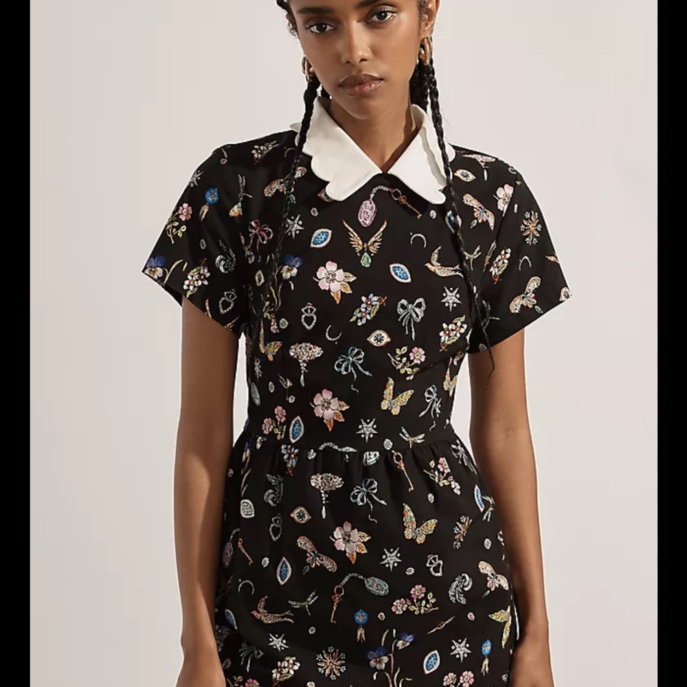 Floral Embroidered Black Dress with White Collar